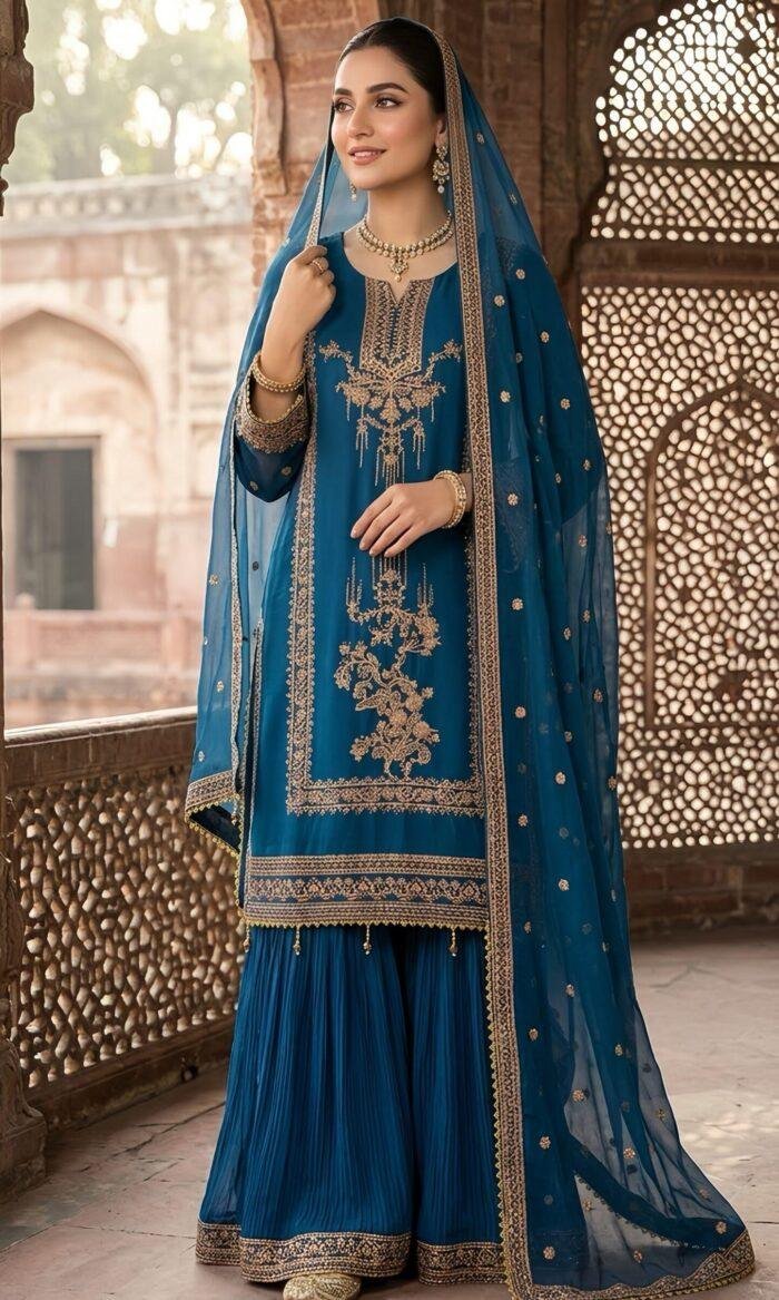 Royal Teal Embroidered Chiffon 3-Piece Gharara Suit