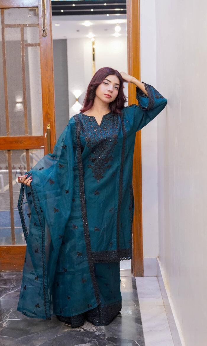Deep Teal Embroidered Premium Cotton