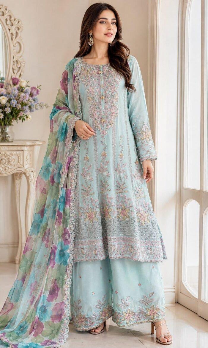 Sky Blue Embroidered Suit