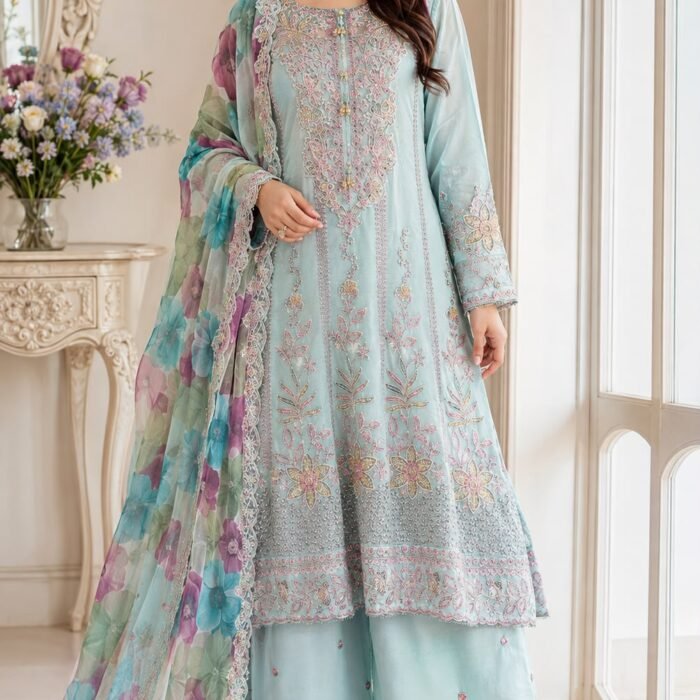 Sky Blue Embroidered 3-Piece Festive Lawn / Chiffon Suit