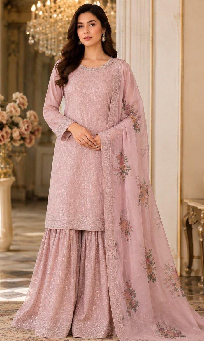 Lailac Pink Embroidered 3-Piece suite