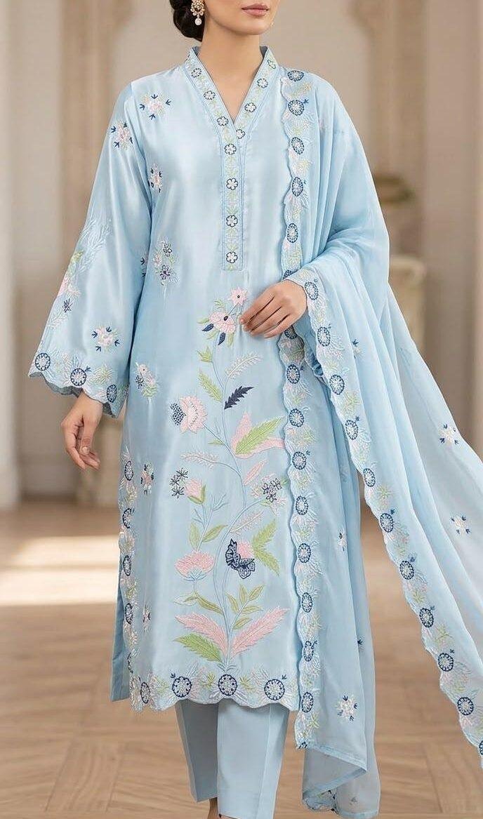 Designer Ice Blue Silk Kaftaan 3-Piece Outfit