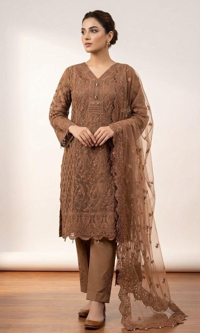 Elegant Mocha Brown Embroidered Dress