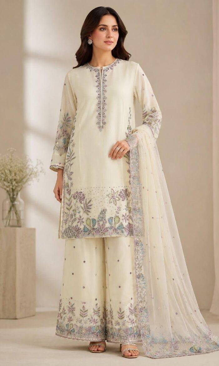 Pastel Blossom Floral Embroidered Suit
