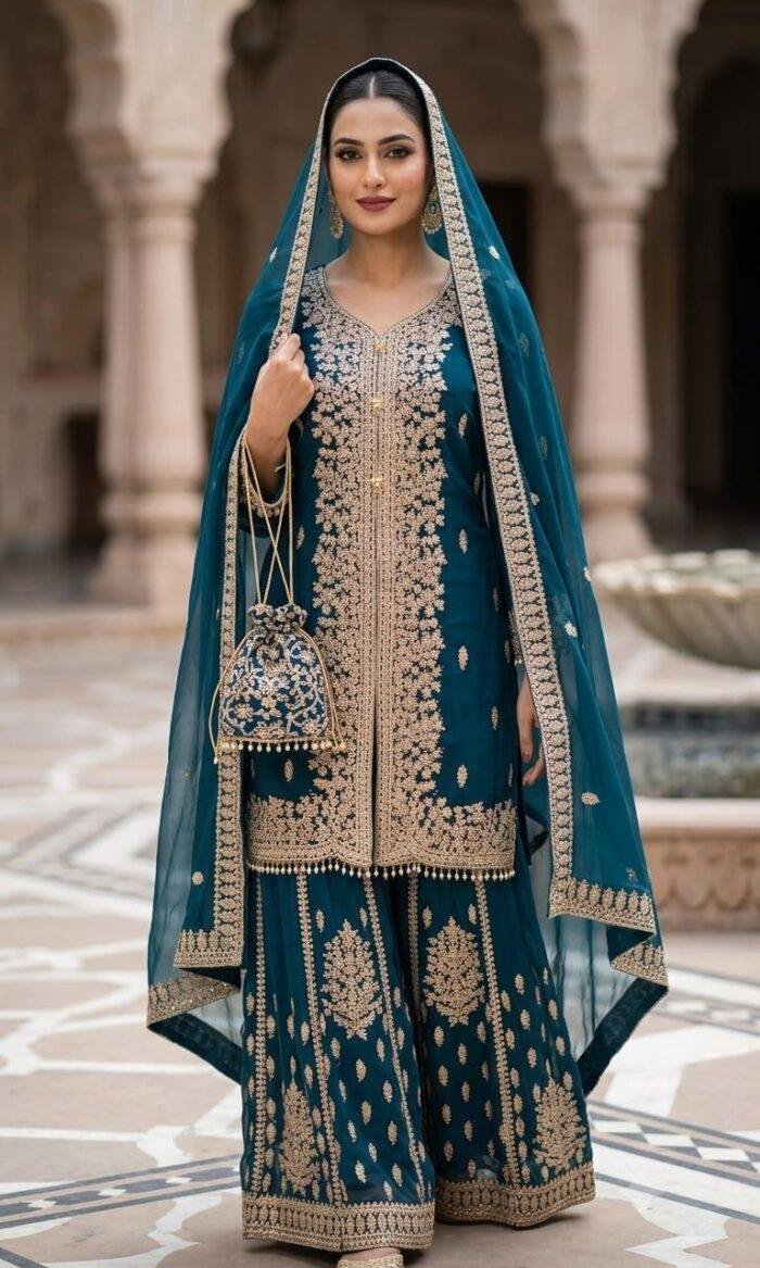 Royal Deep Teal Heavy Embroidered with Potli Bag