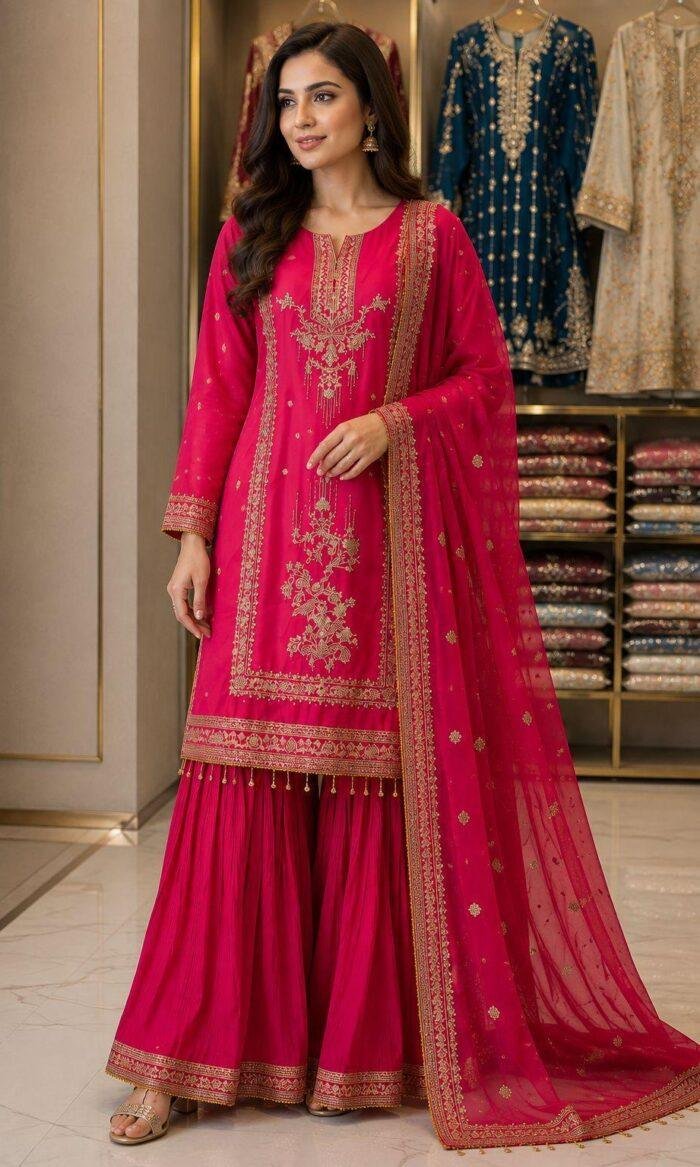 Hot Pink Embroidered Crush Gharara