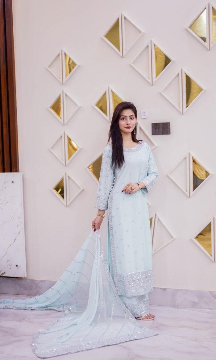 Ice Blue Embellished Long Length Dress