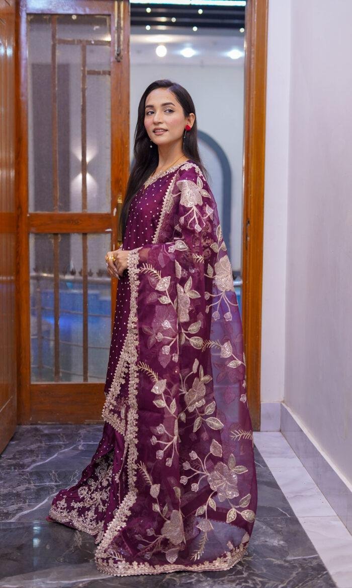 Royal Plum Embroidered Shalmoz Silk Dress