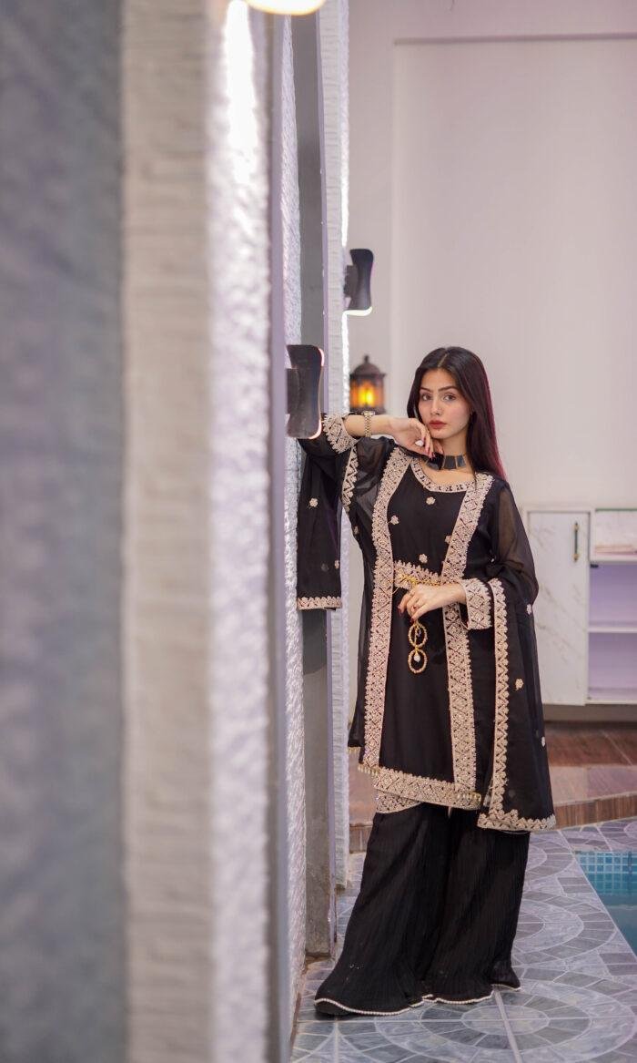 Black Embroidered Coat Style Dress